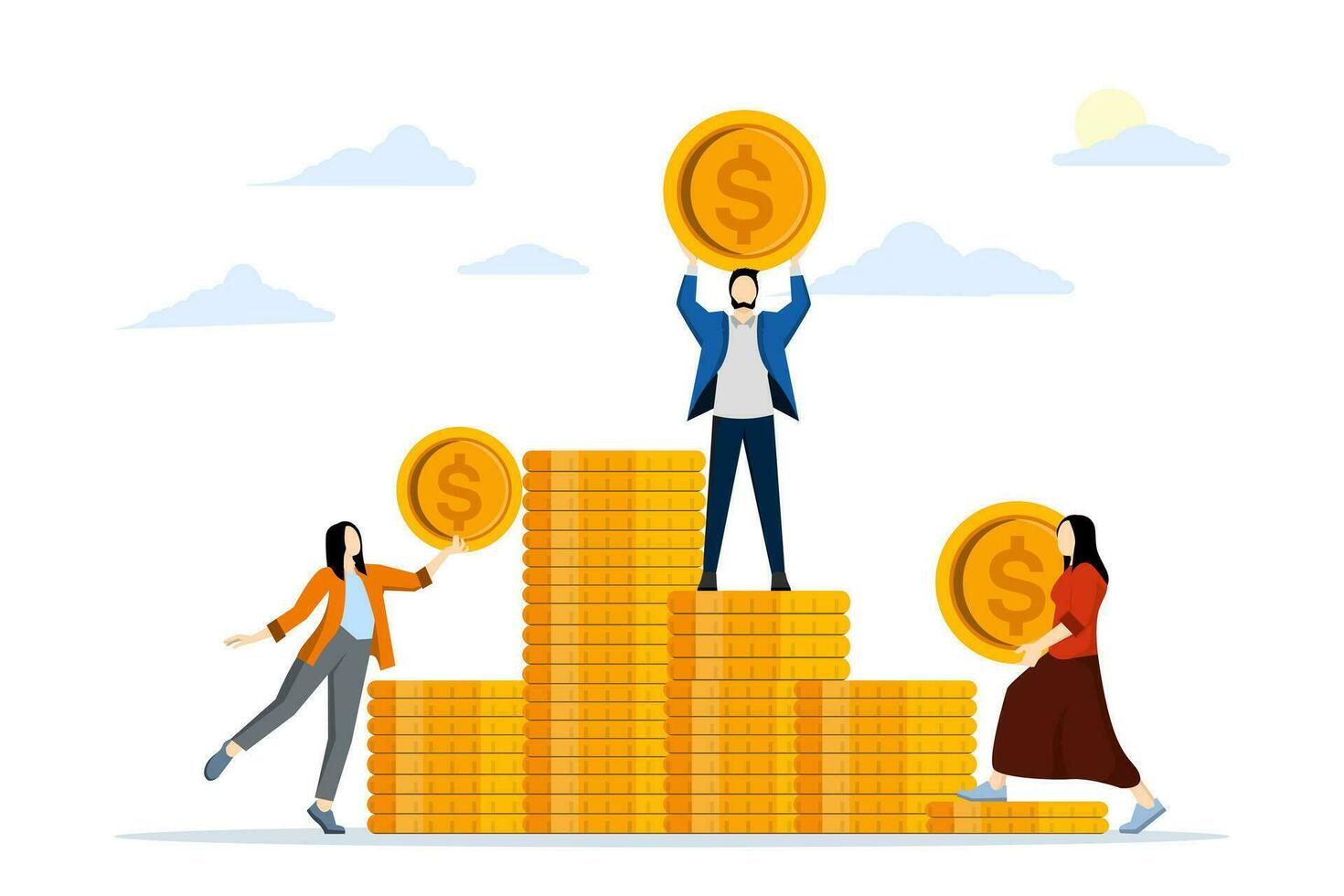 Financially rich. Leadership achievements in finance. Financial professional or banker. Businessman and employee standing on gold coins. flat vector illustration on a white background.