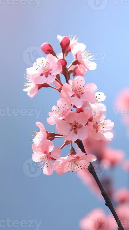 Cherryblossom flower copy space blurred background. photo