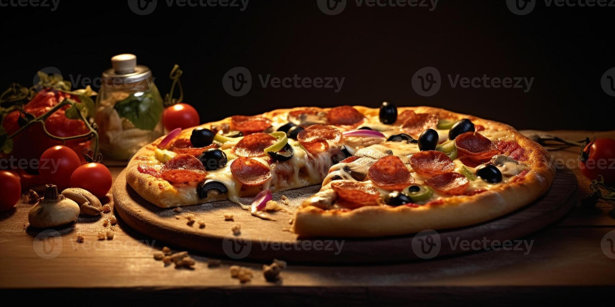 Pizza cheese and sausage blurred background, AI Generateand photo