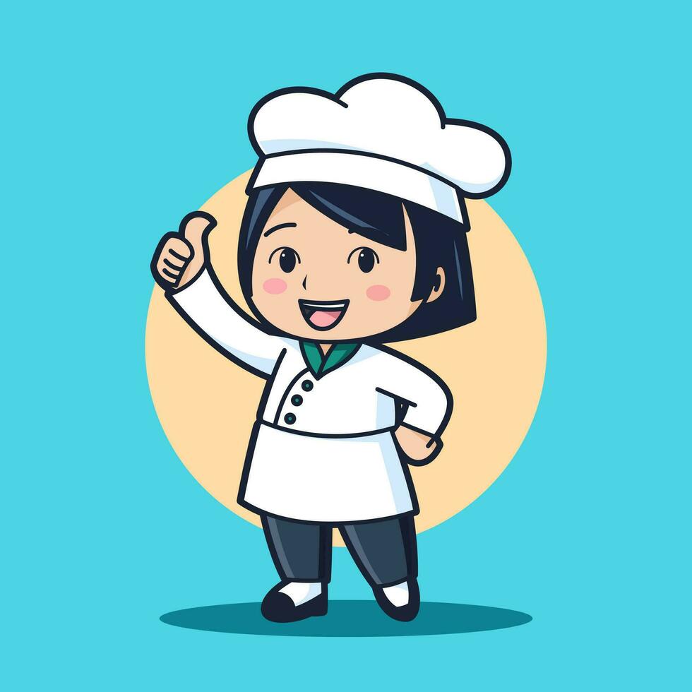 Happy Cute chef girl doing thumb up gesture simple Vector Illustration