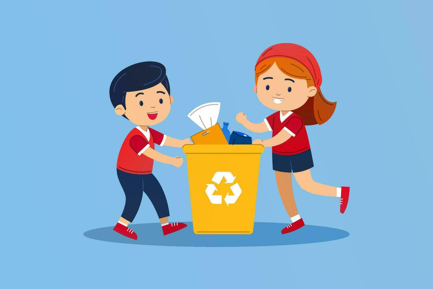 un alegre Pareja de niños limpieza y lanzamiento un basura en un basura compartimiento sencillo vector ilustración