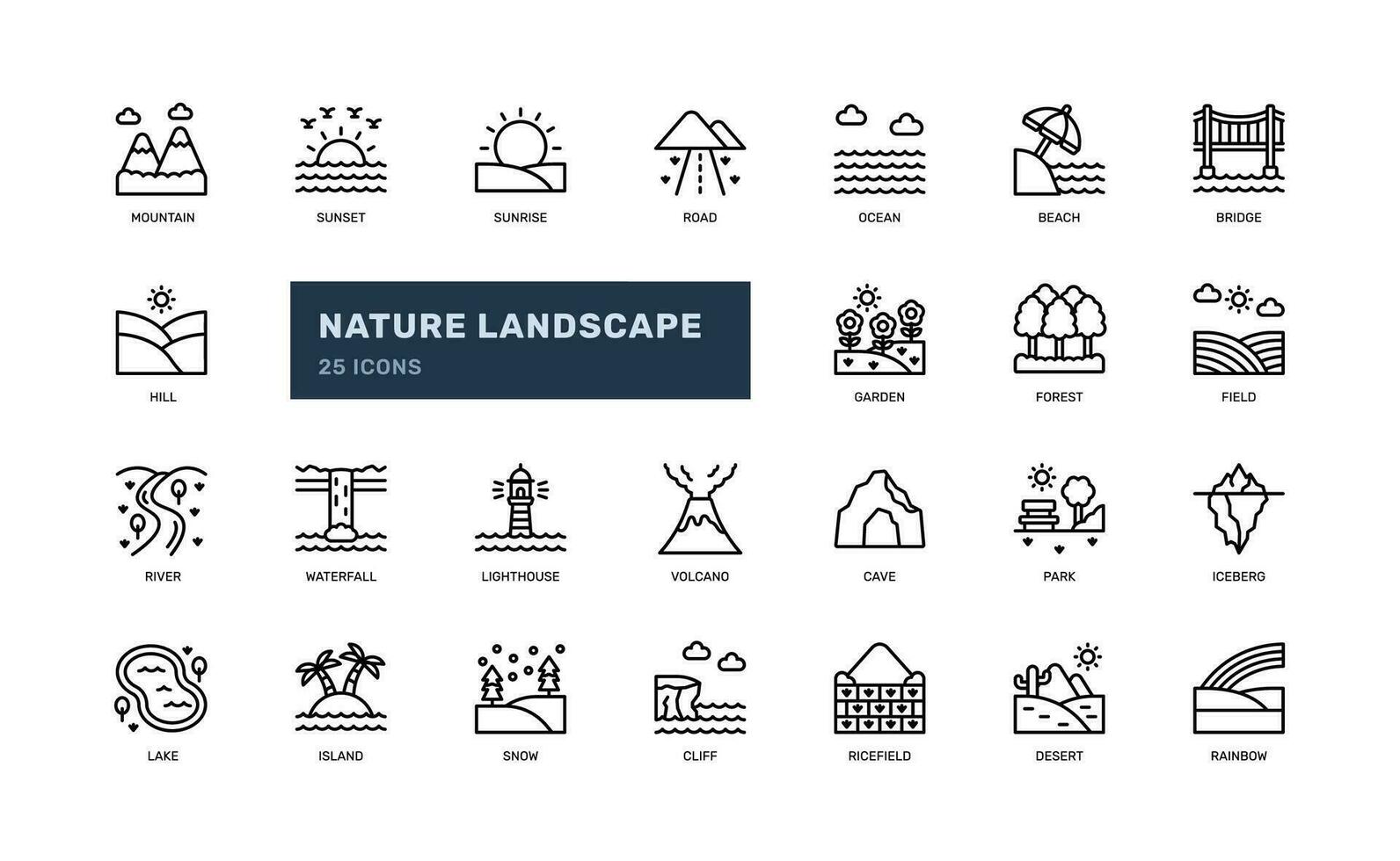nature landscape environment outdoor ecology scenery detailed outline line icon set vector