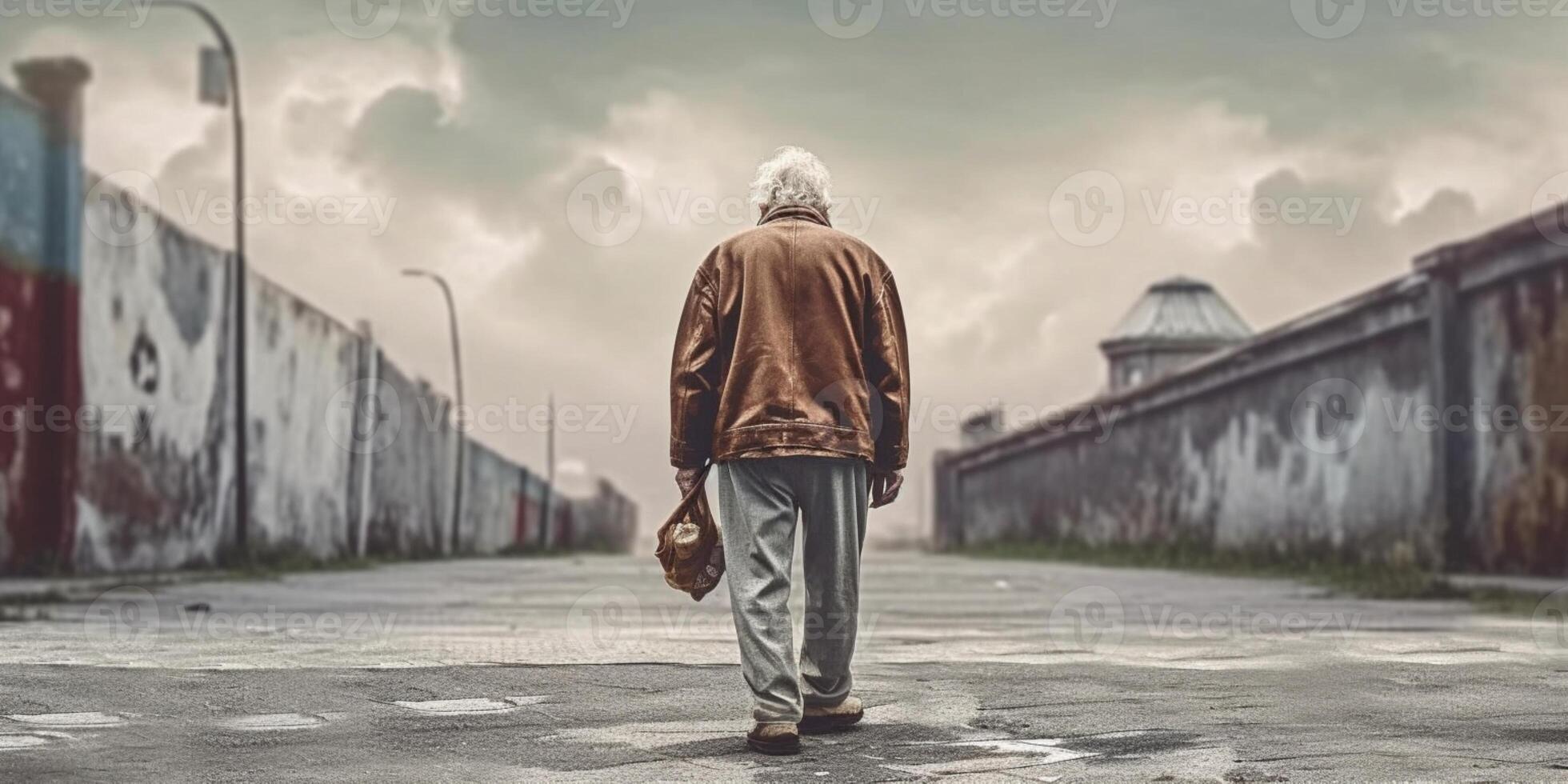 mental health a old man and walking street copy space  background, AI Generated photo