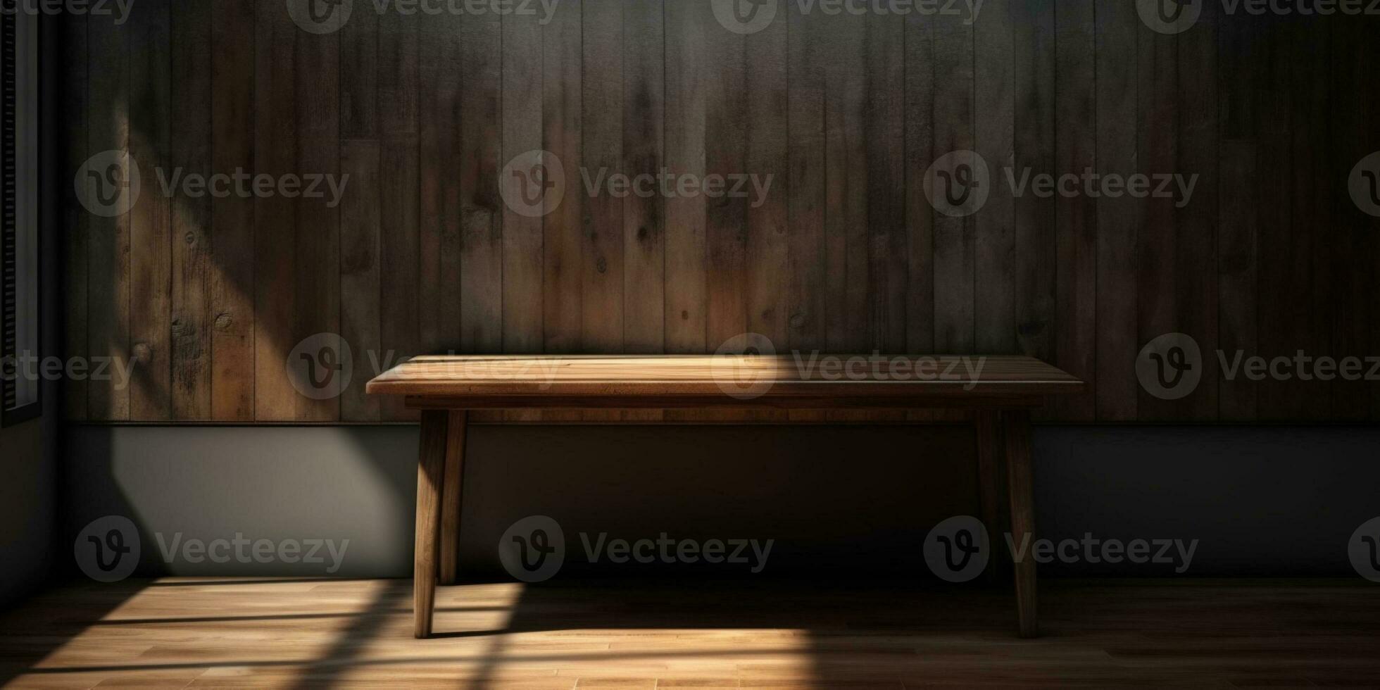 Wooden table and sun light black wall copy space background, AI Generated photo