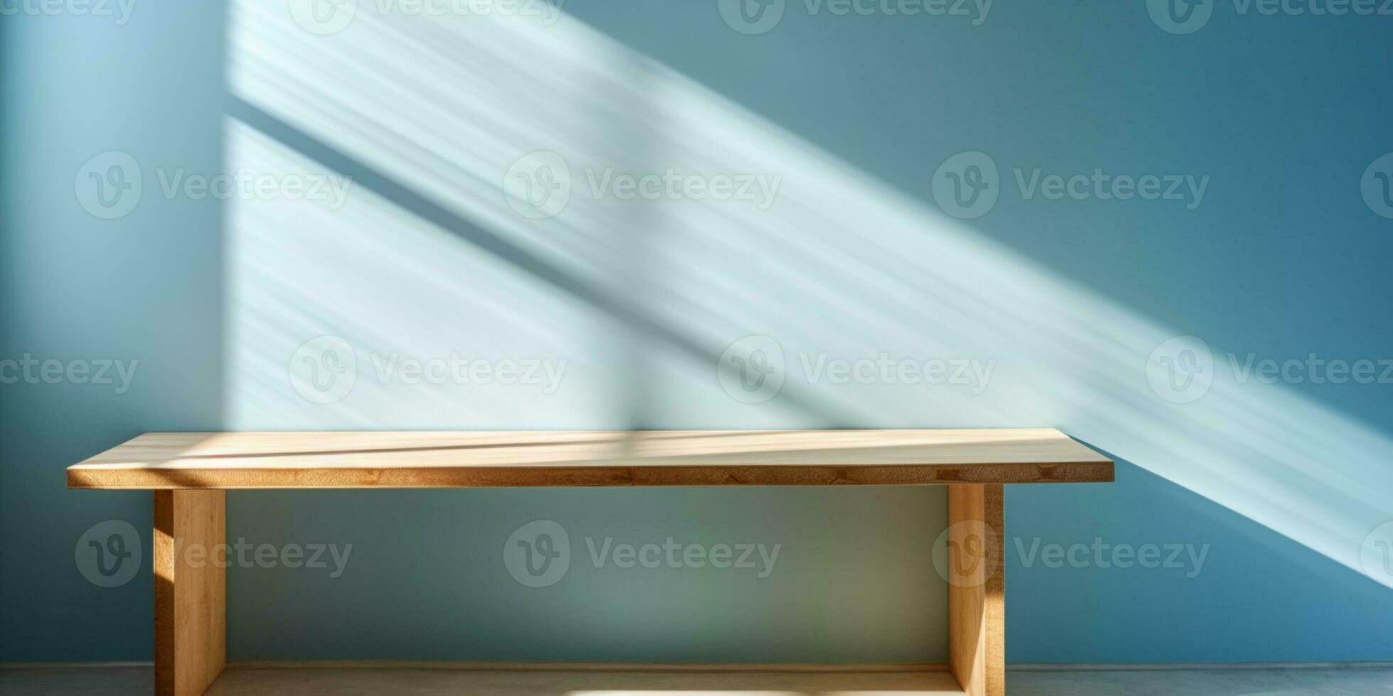Wooden table and sun light blue wall copy space background, AI Generated photo