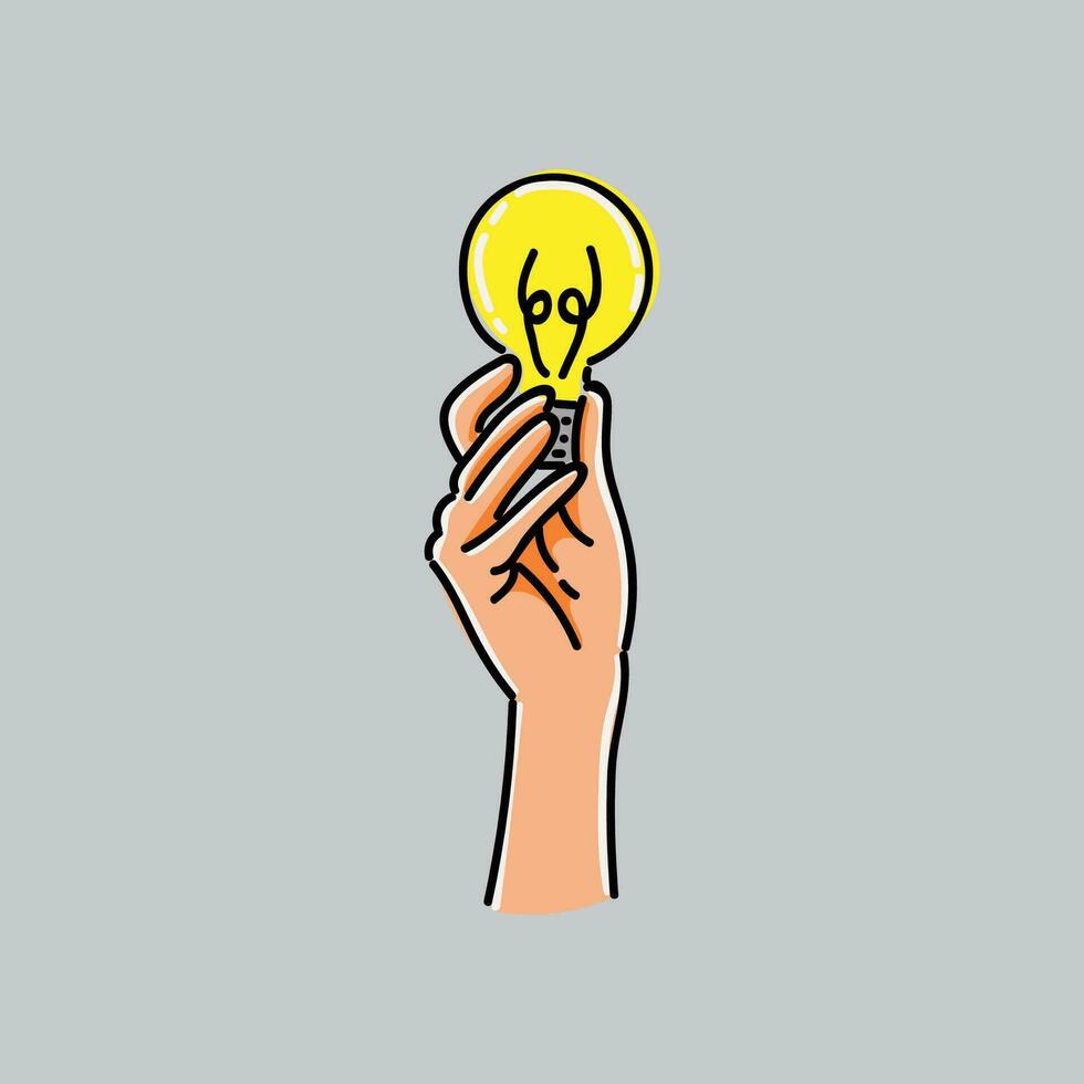 mano sostener lámpara amarillo brillante, tiene un idea ilustración vector diseño