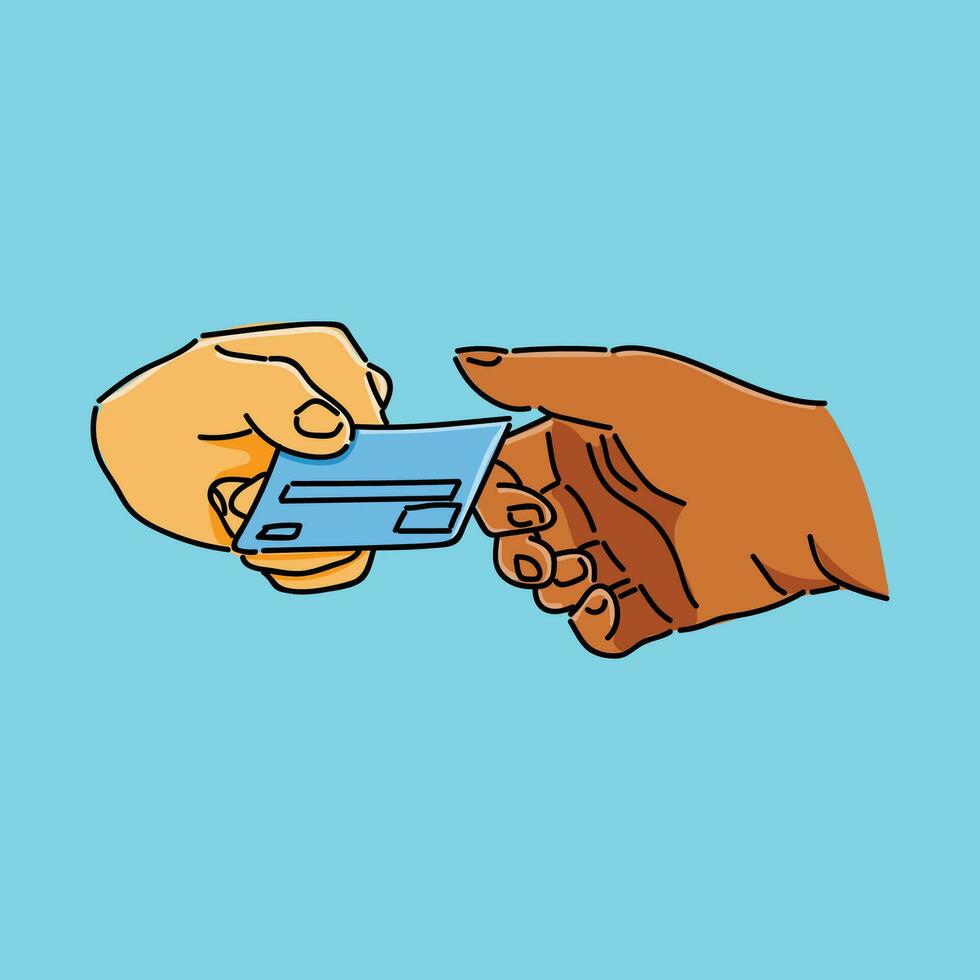 credit card payment hand to hand in blue background illustration design vector