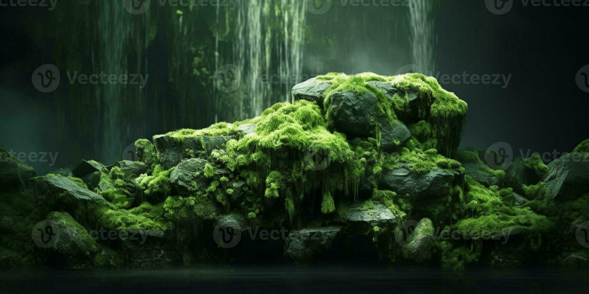 Waterfall and stone copy space blurred background, AI Generated photo