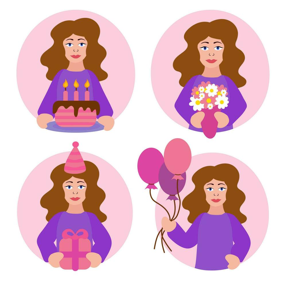 Birthday woman set. Girl with cake, gift box, balloons and bouquet of flowers. Vector flat illustration