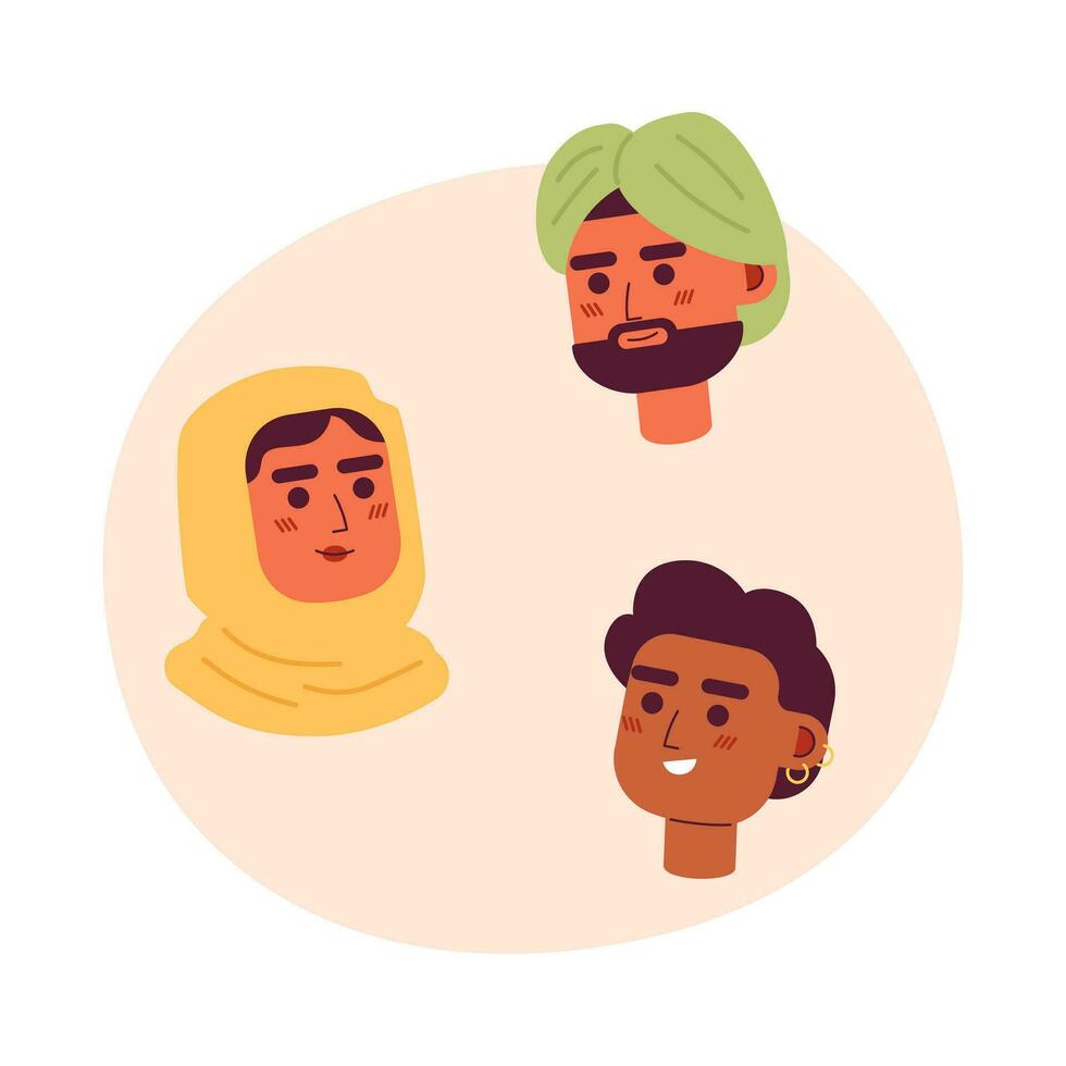 Multiraced people flat concept vector spot illustration. Muslim indian and african american 2D cartoon characters on white for web UI design. Isolated editable creative hero image