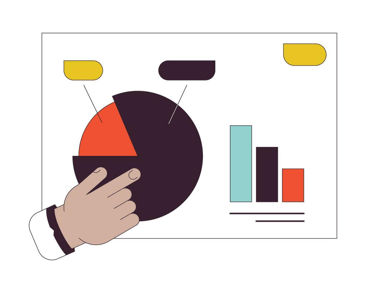 Business presentation pie chart pointing flat line concept vector spot illustration. Diagram analytics whiteboard 2D cartoon outline hand on white for web UI design. Editable isolated color hero image