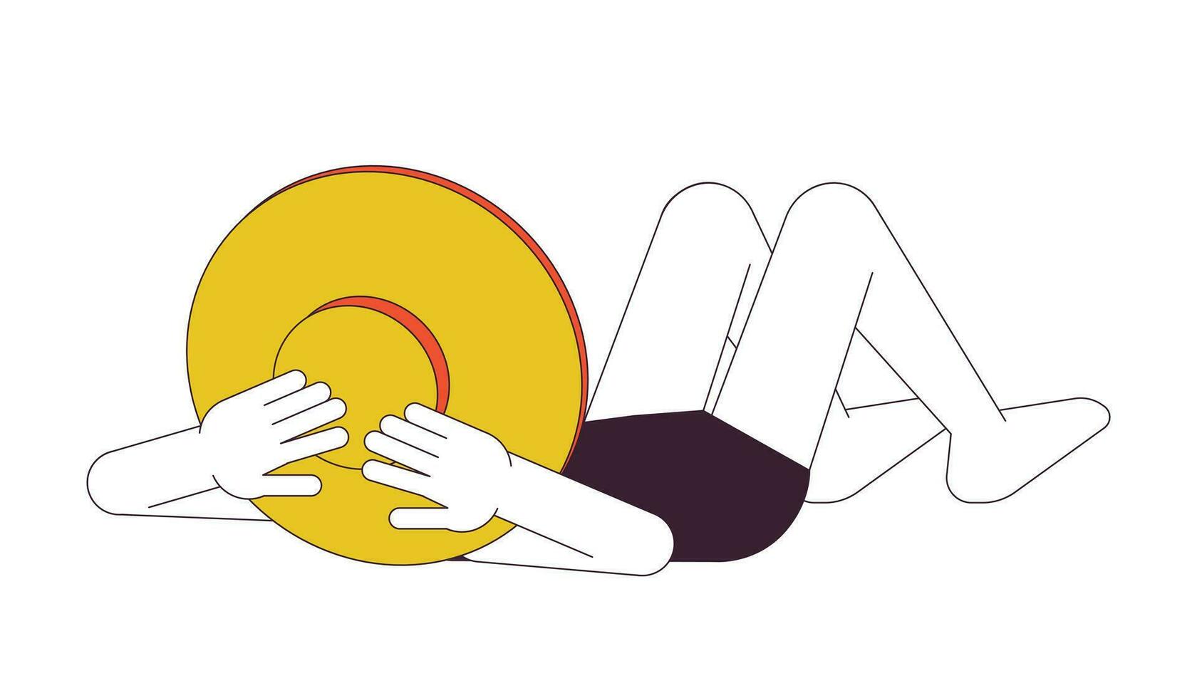 Hat young woman lying on beach flat line color vector character. Editable outline full body person on white. Lady in bikini relaxing at beach simple cartoon spot illustration for web graphic design