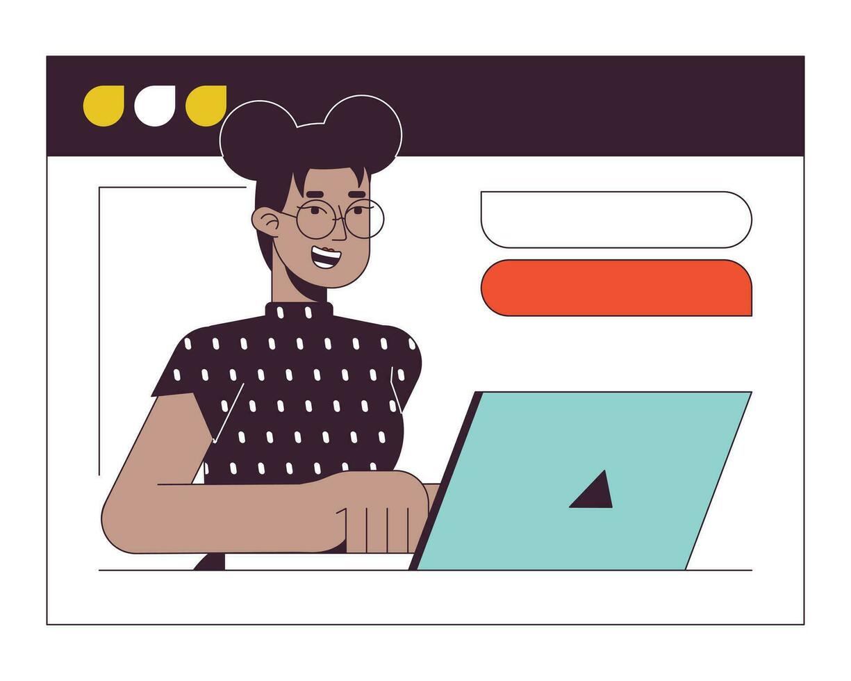 Black woman on web meeting flat line concept vector spot illustration. African american woman laptop 2D cartoon outline character on white for web UI design. Editable isolated color hero image