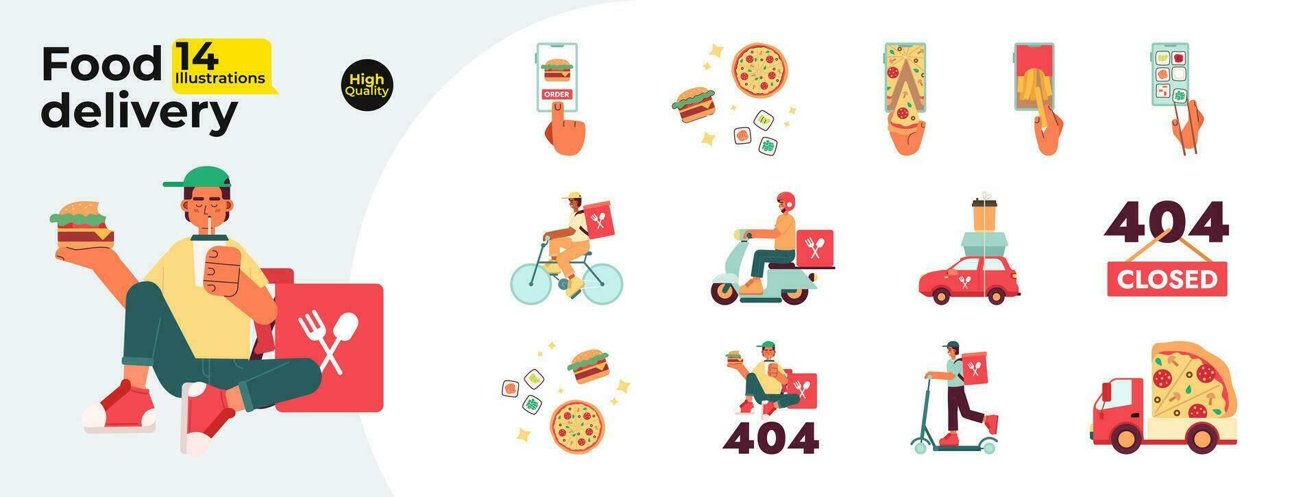 Food delivery flat concept vector spot illustrations bundle. Courier deliver food from restaurant 2D cartoon characters on white for web UI design. Isolated editable creative hero images collection