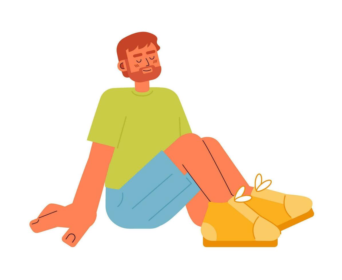European bearded man on summer vacation semi flat color vector character. Caucasian man sitting with smile. Editable full body person on white. Simple cartoon spot illustration for web graphic design