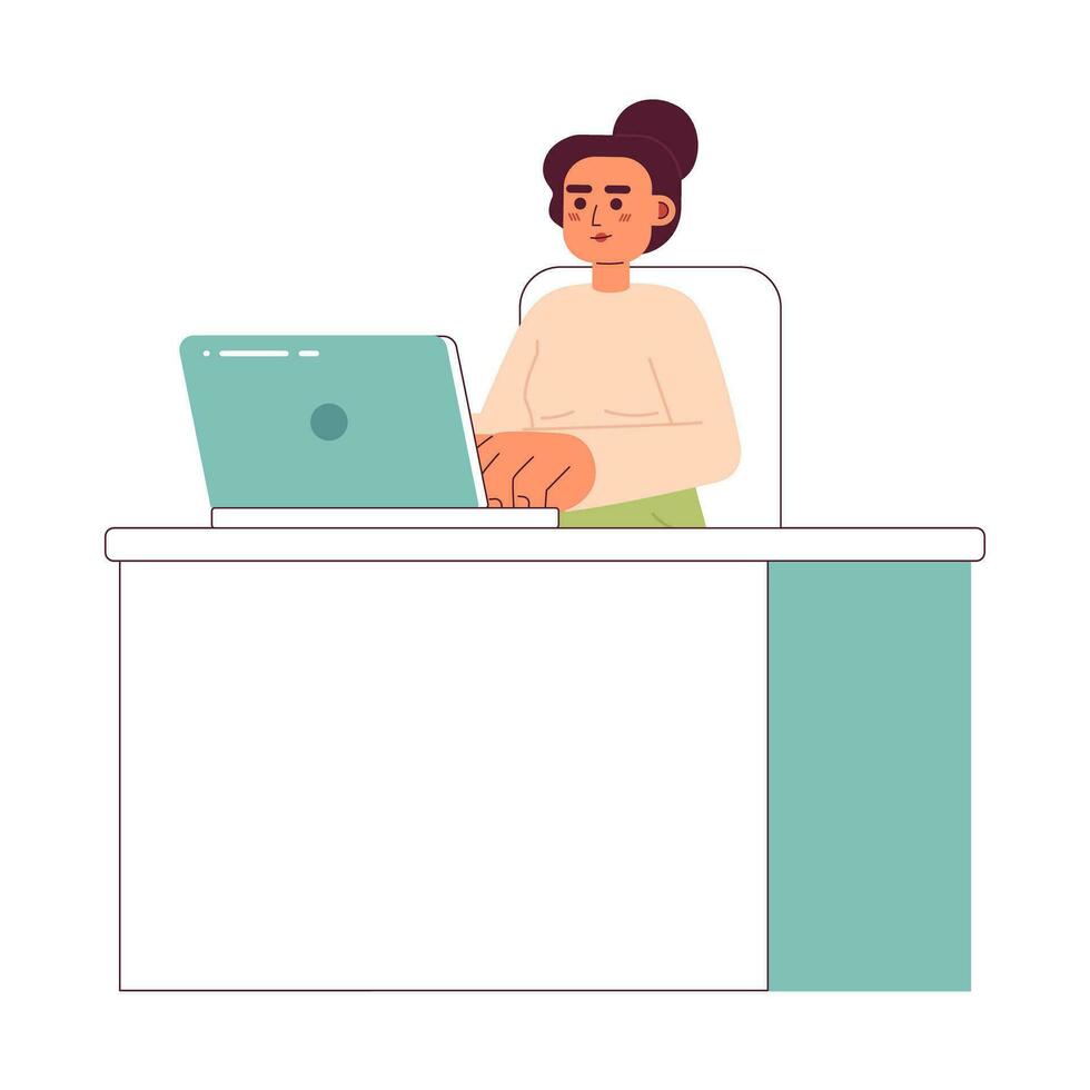 Serious caucasian woman sitting at desk 2D vector isolated spot illustration. Woman typing on laptop flat character on white background. Office work colorful editable scene
