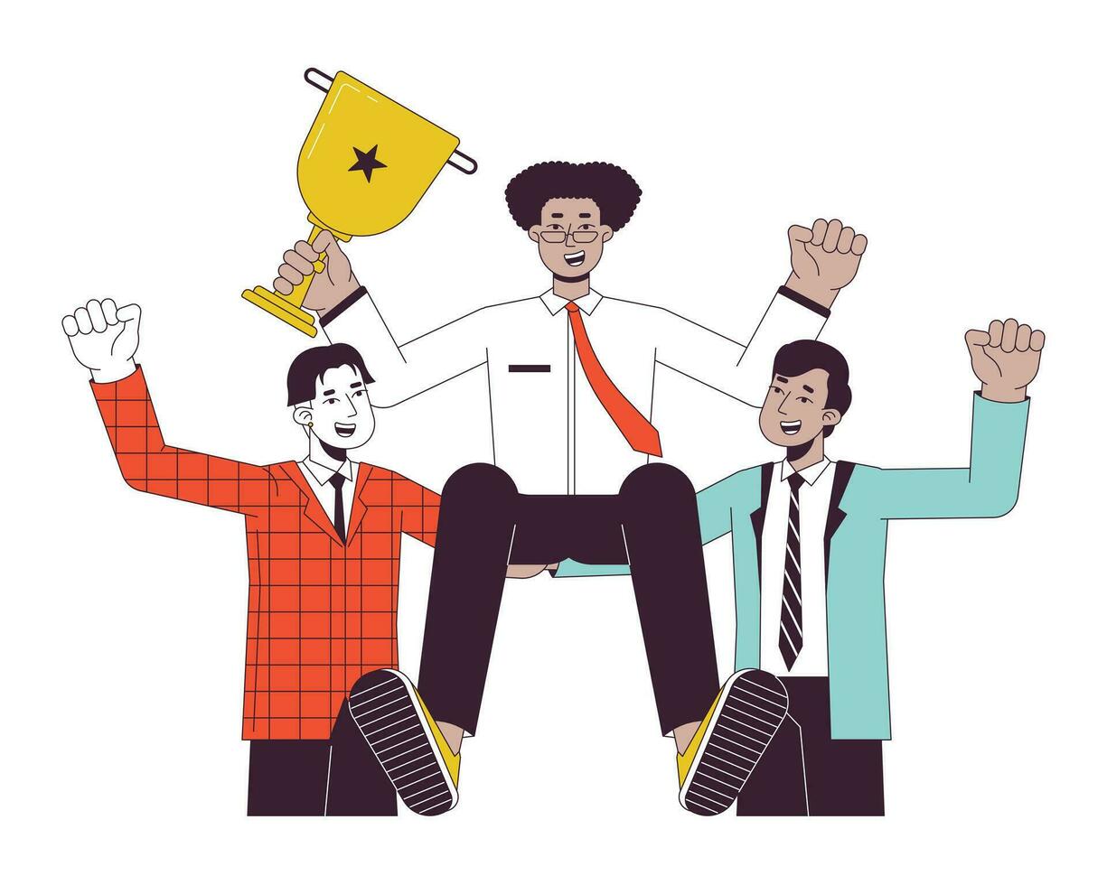 Celebrate business team flat line concept vector spot illustration. Victory business people 2D cartoon outline characters on white for web UI design. Achieve success editable isolated color hero image