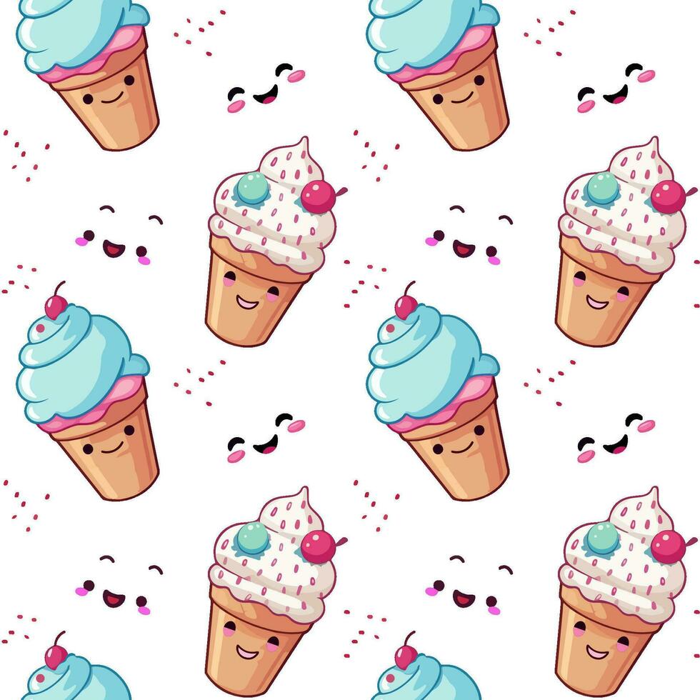 Cute vector pattern with ice cream and smiling faces on white background