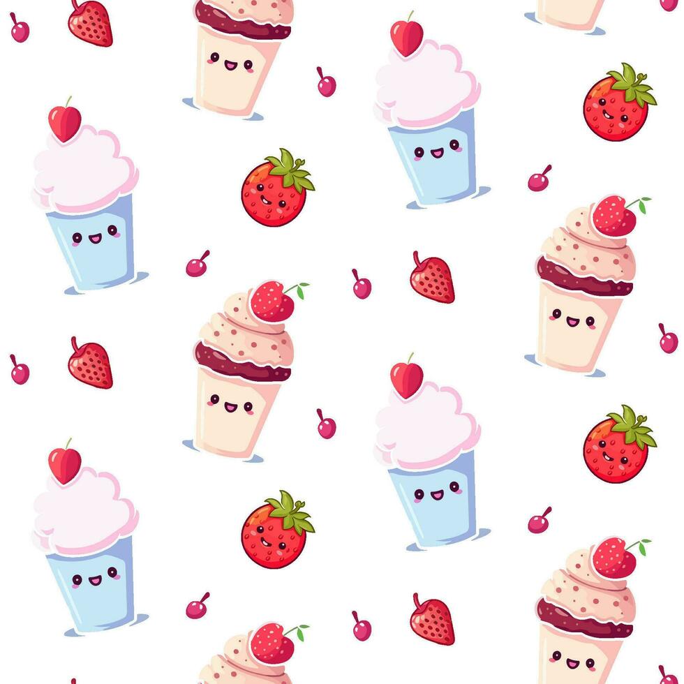 Cute vector pattern with various ice cream cones and strawberries on white background