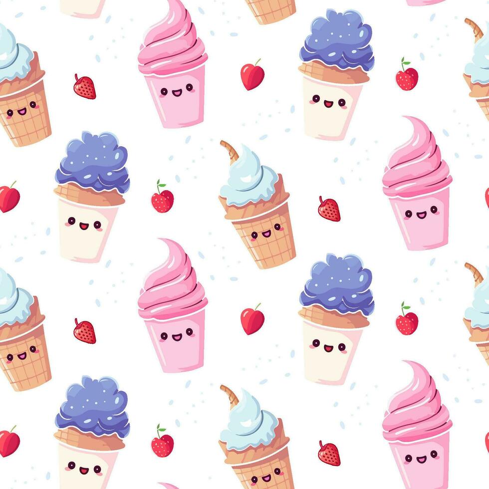 Cute vector pattern with pink and purple ice cream and strawberries on white background