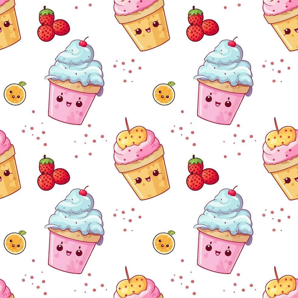 Cute vector pattern with pink and blue ice cream and berries on white background