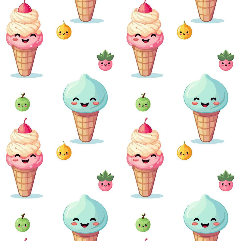 Cute vector pattern with smiling ice cream characters and berries on white background