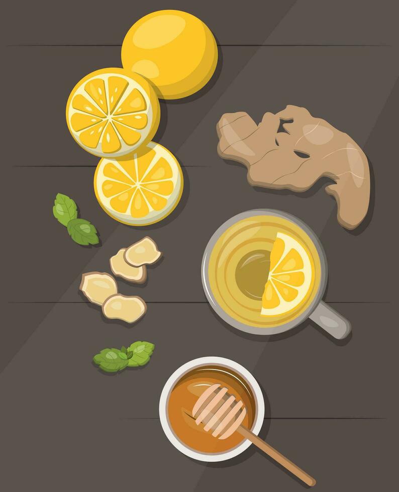 té con limón, Miel, jengibre, menta, otoño ánimo, ilustración, vector gráficos