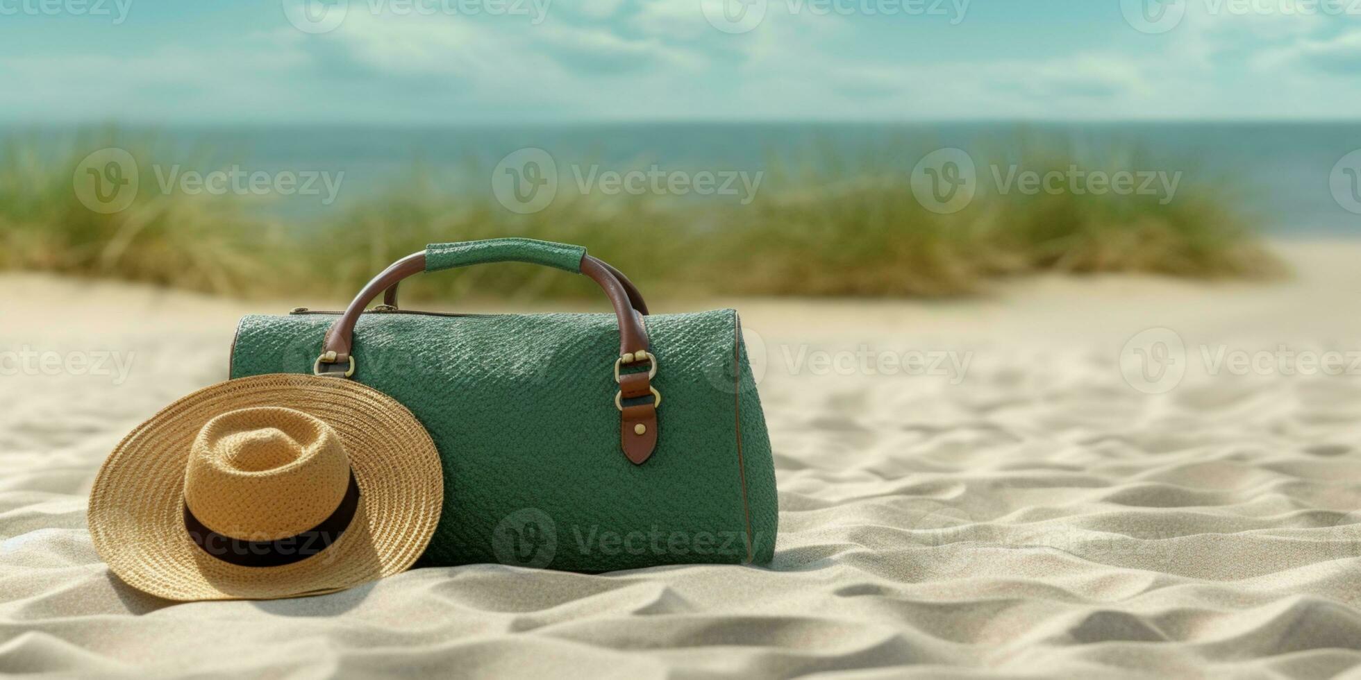 Straw hat and green suitcase on beach sand holiday background. AI Generated photo