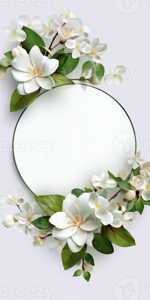 Circle made of white flowers and branches copy space background. photo