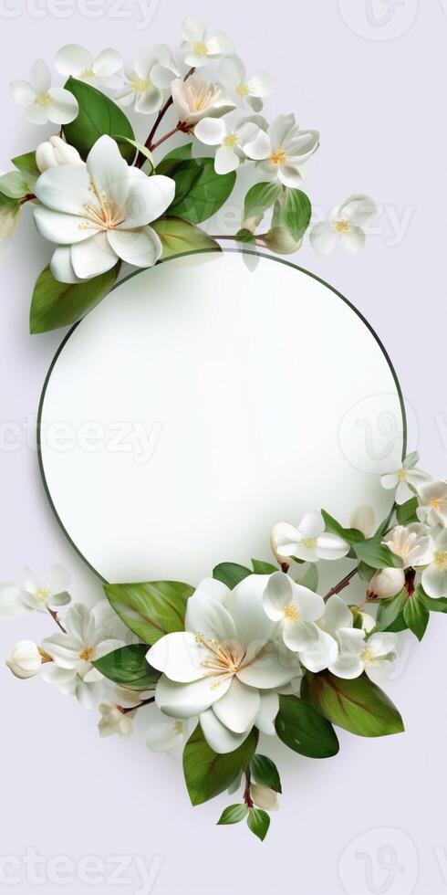 Circle made of white flowers and branches copy space background. AI Generated photo