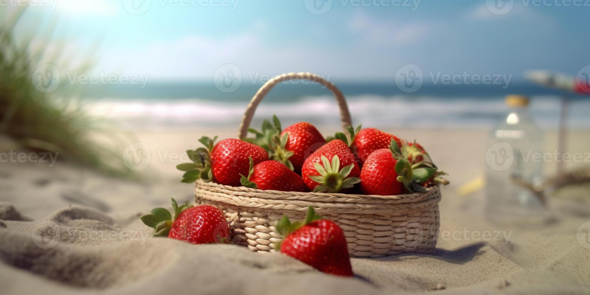 Strawberry on basket summer beach holiday background. AI Generated photo