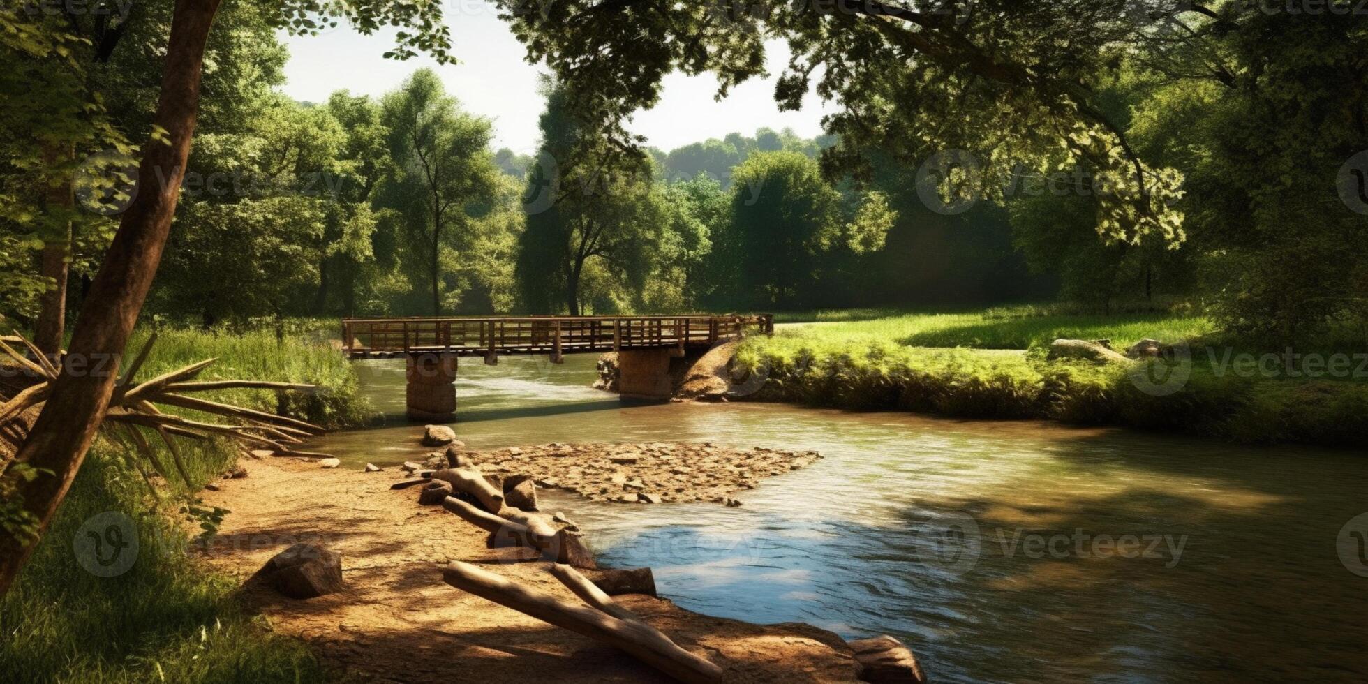 río, montaña y puente aéreo foto paisaje, ai generado