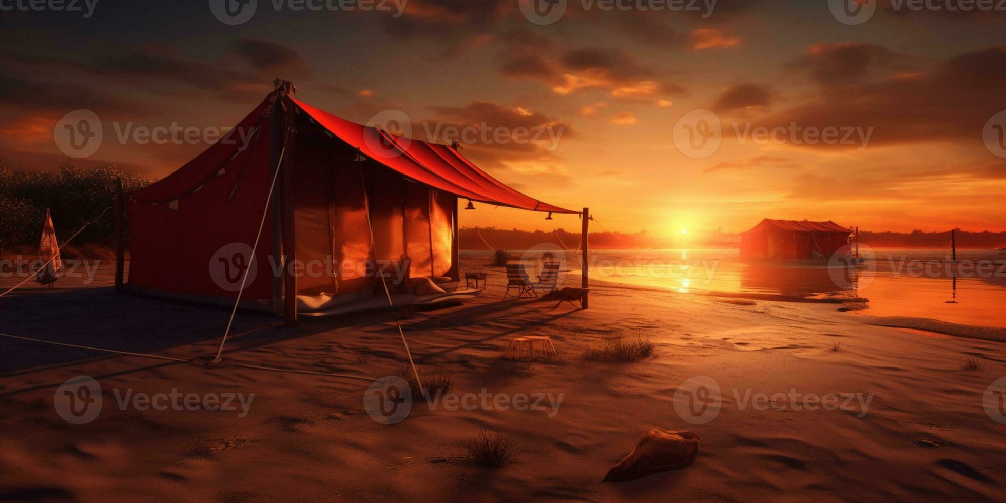 Camp tent on beach sand holiday sunset background. AI Generated photo