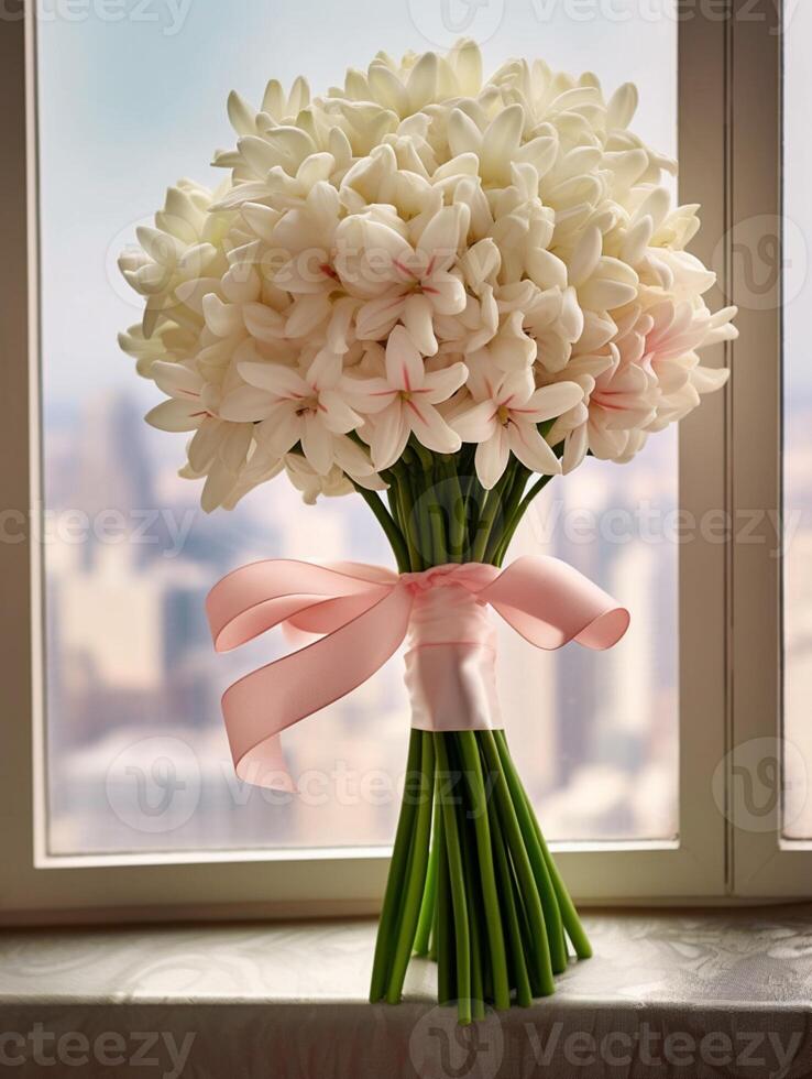 Tuberose flower bridal bouquet blurred background. AI Generated