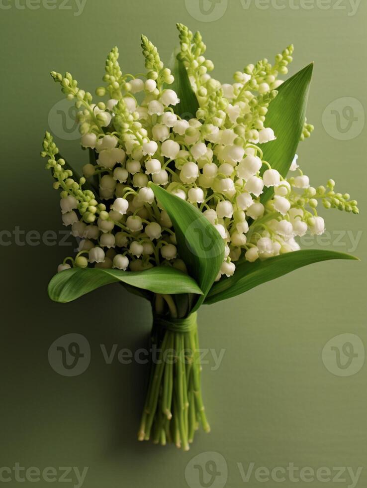 Lily of the valley wedding bouquet flower on blurred window background. photo