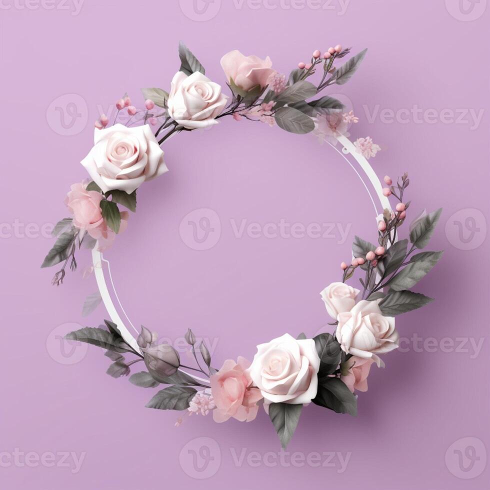 Circle made of Rose flowers and branches copy space background. photo