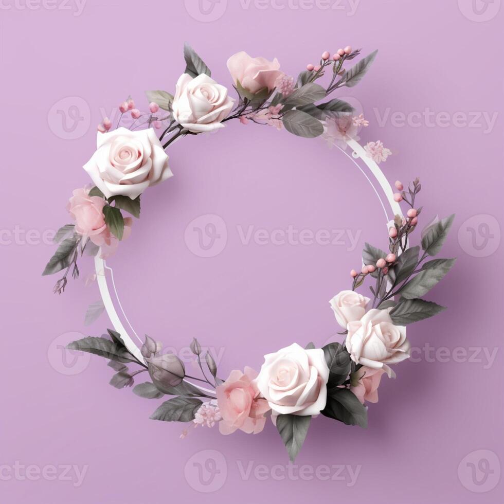 Circle made of Rose flowers and branches copy space background. AI Generated photo