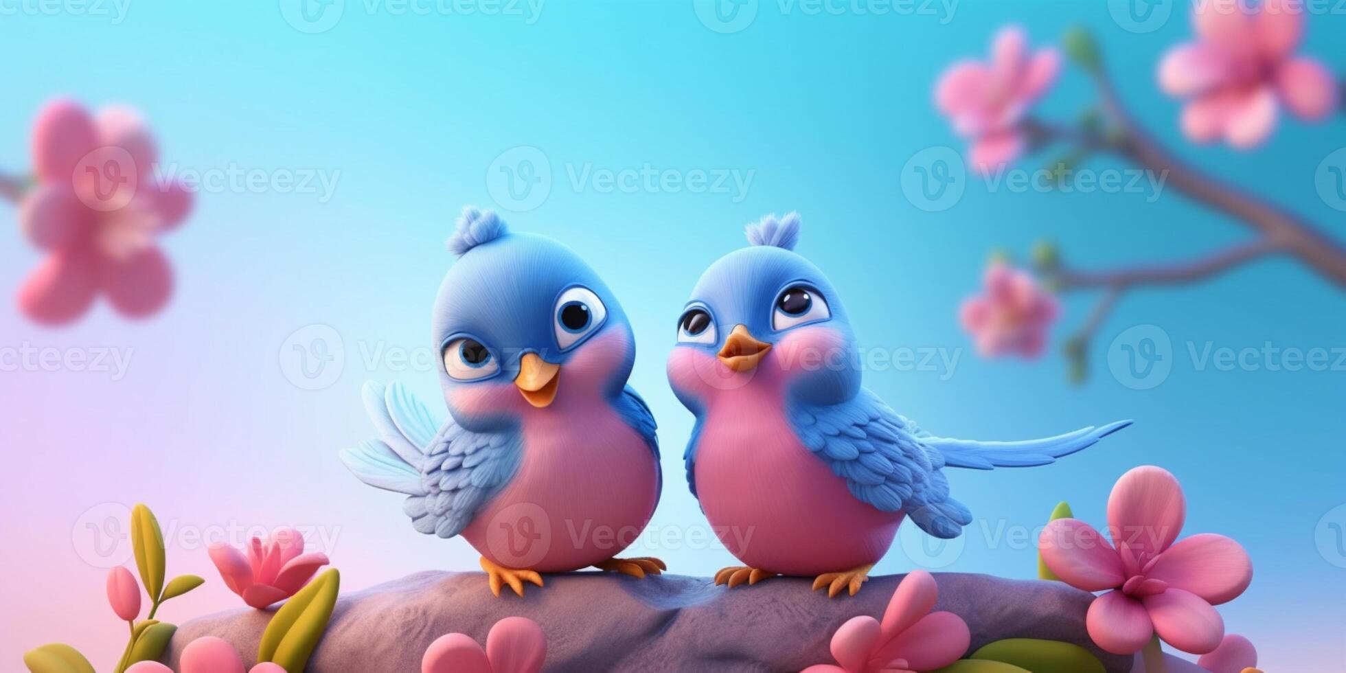 Couple blue bird on tree tunk animal cartoon animation, AI Generated photo