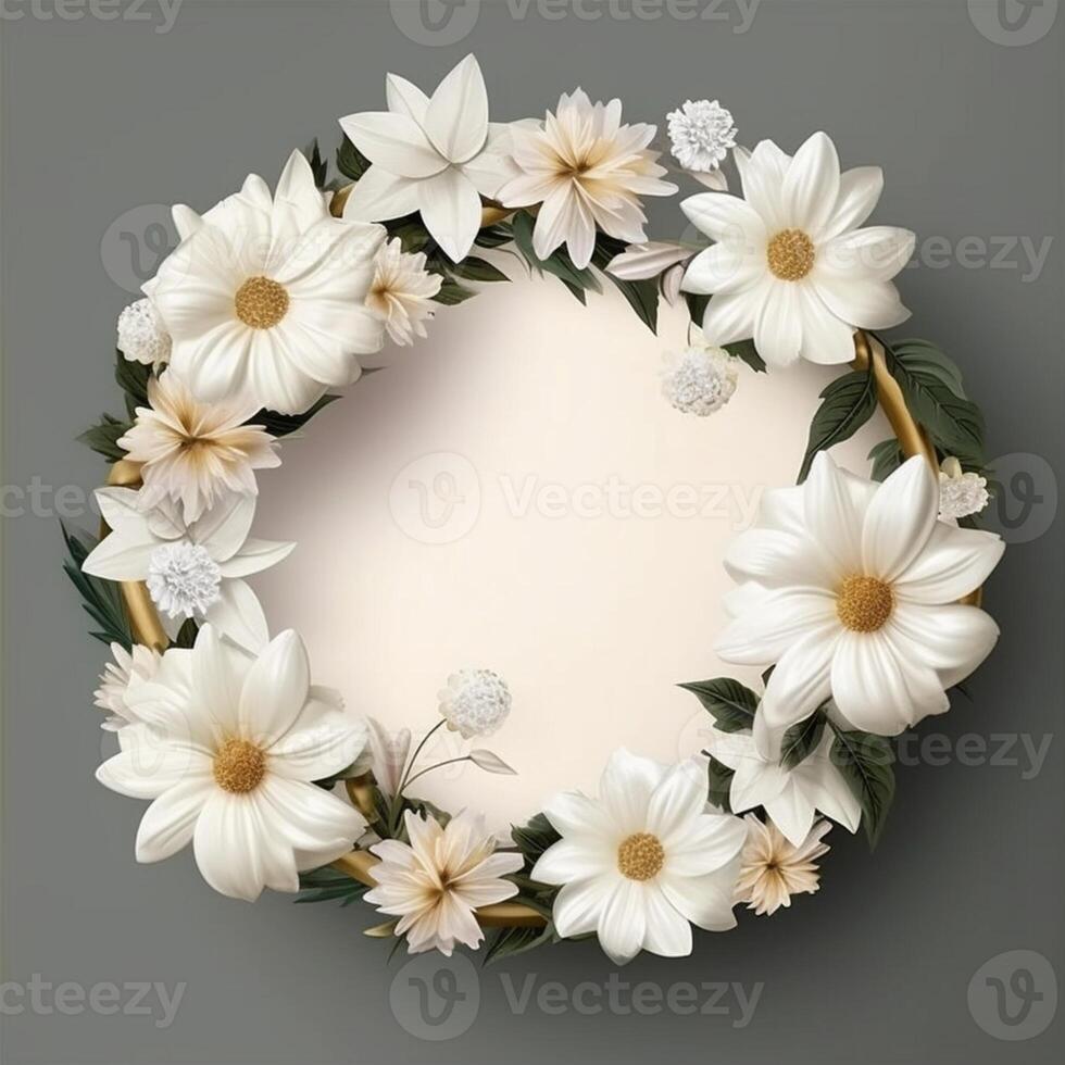 Circle made of white flowers and branches copy space background. photo