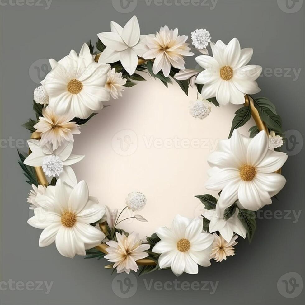 Circle made of white flowers and branches copy space background. AI Generated photo