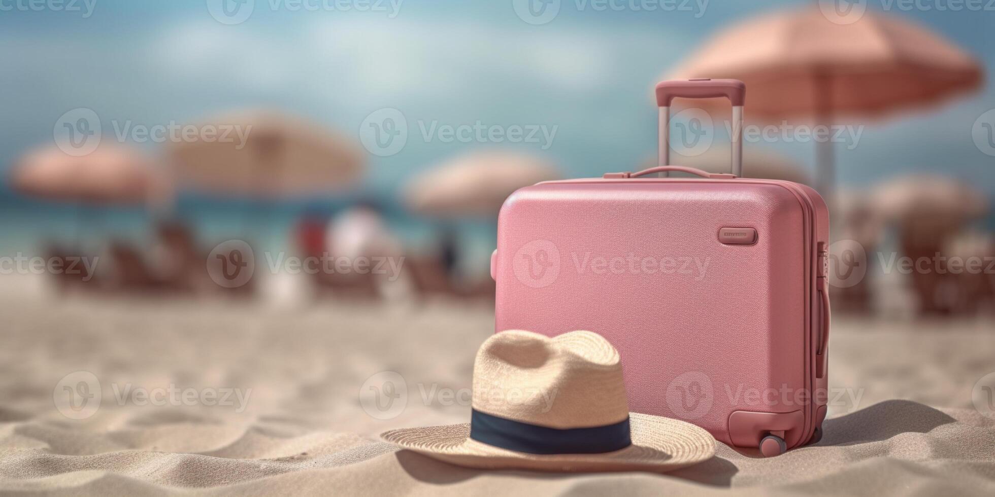 Straw hat and suitcase on beach sand holiday background. AI Generated photo