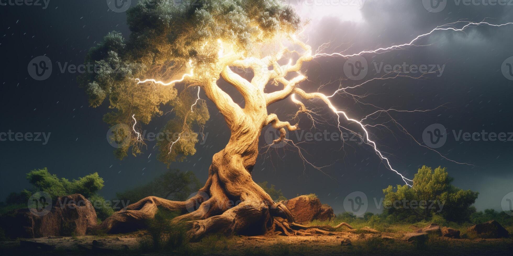 lightning in tree, stormy weather and natural disaster, AI Generated photo