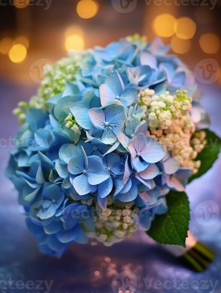 Hydrangea wedding bouquet flower on blurred window background. photo