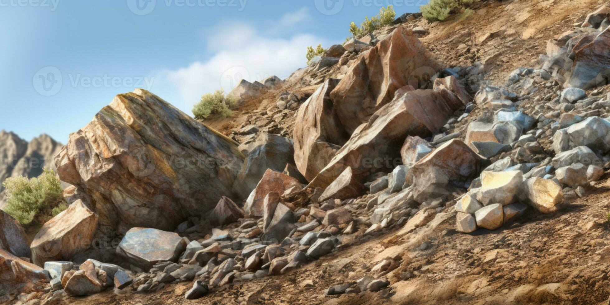 Rockslide in the hills, AI Generated photo