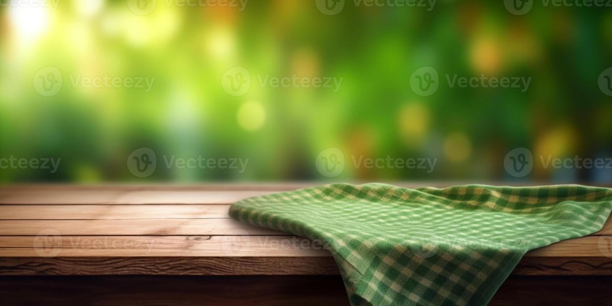 Wooden floor and blurred grass background copy space. AI Generated, photo