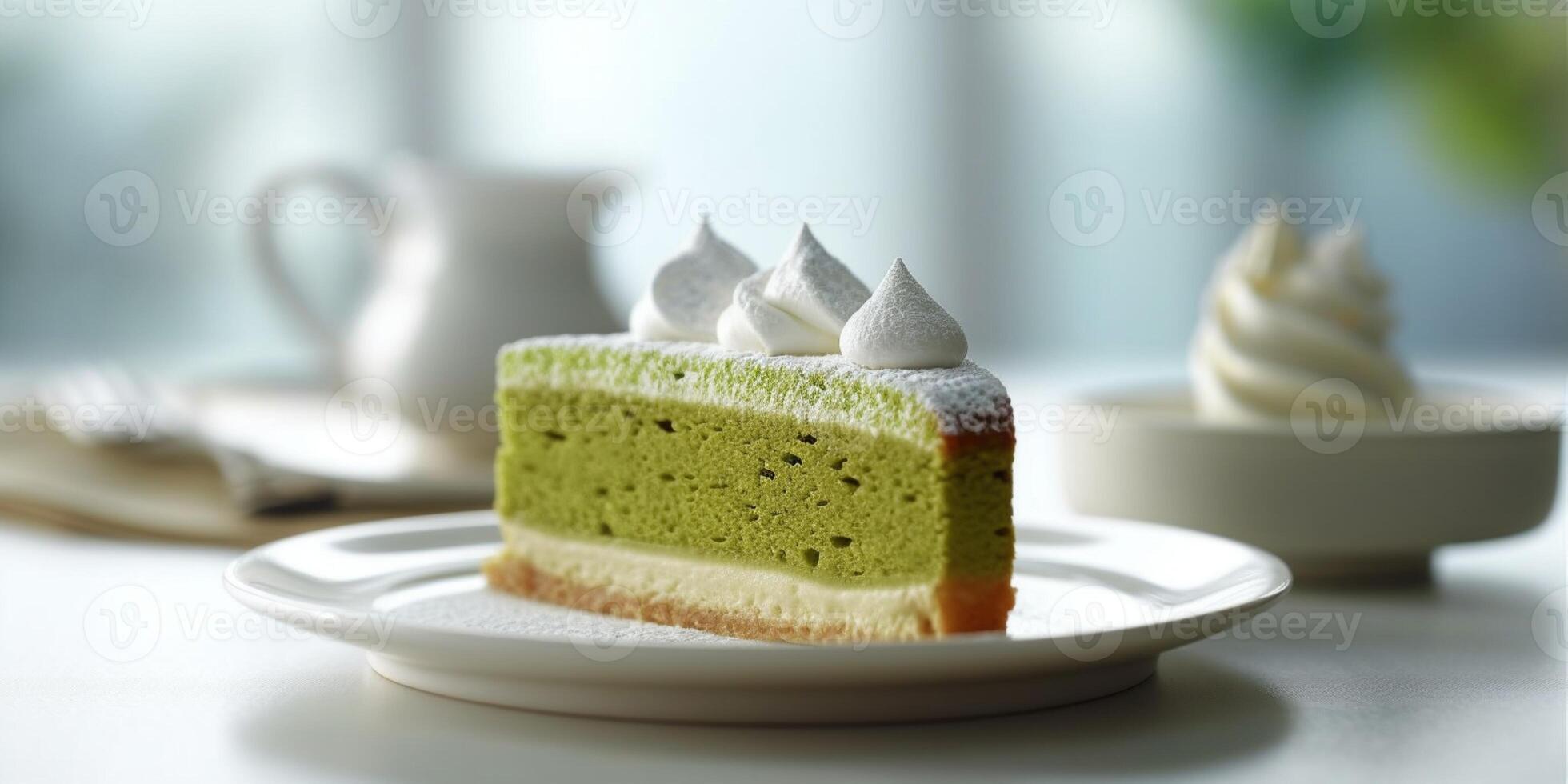 Matcha cak on white table for coffee break snack, AI Generateand photo