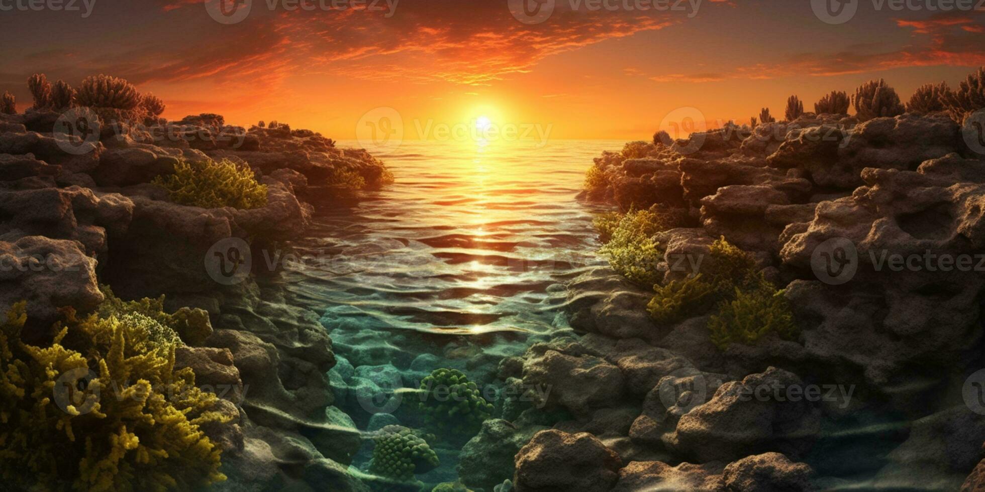 Sunset on rock reef copy space blurred background, AI Generated photo