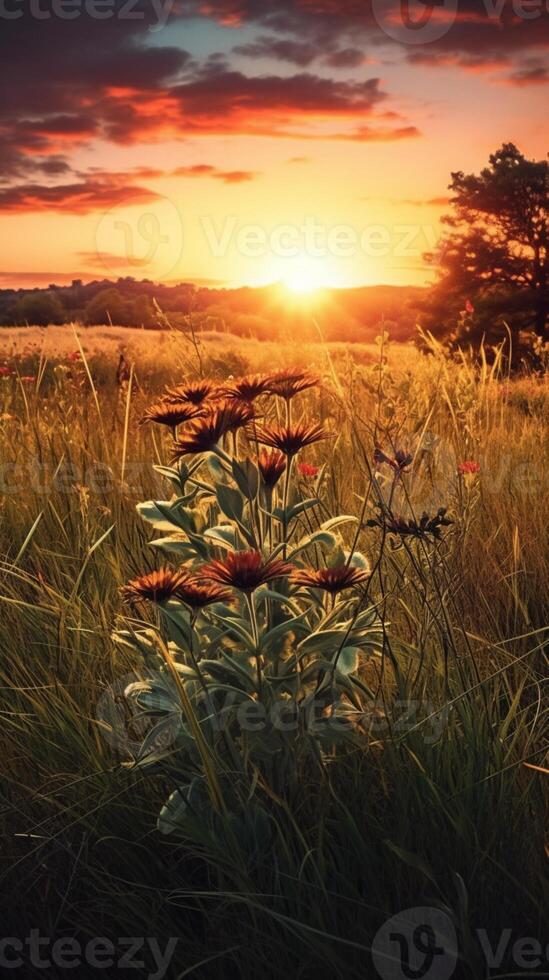 Sunset on meadow golden hours background. photo