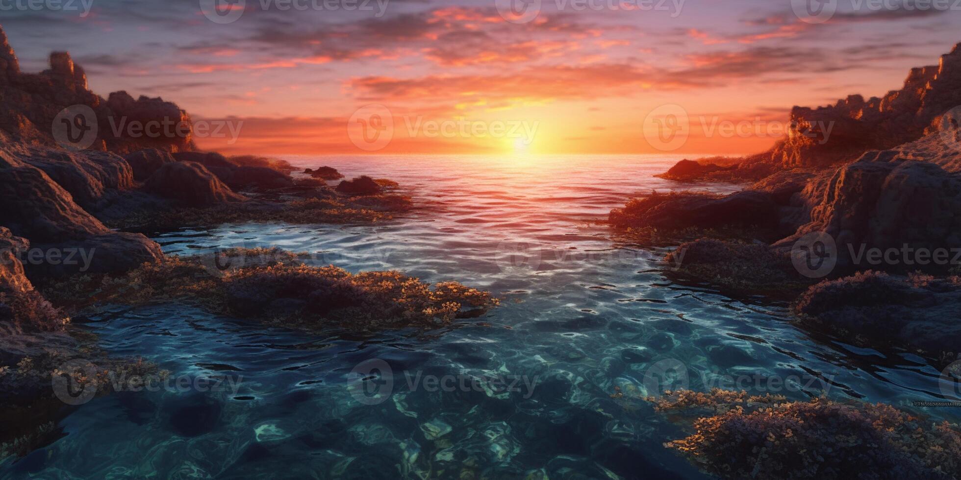 Sunset on rock reef copy space blurred background, photo