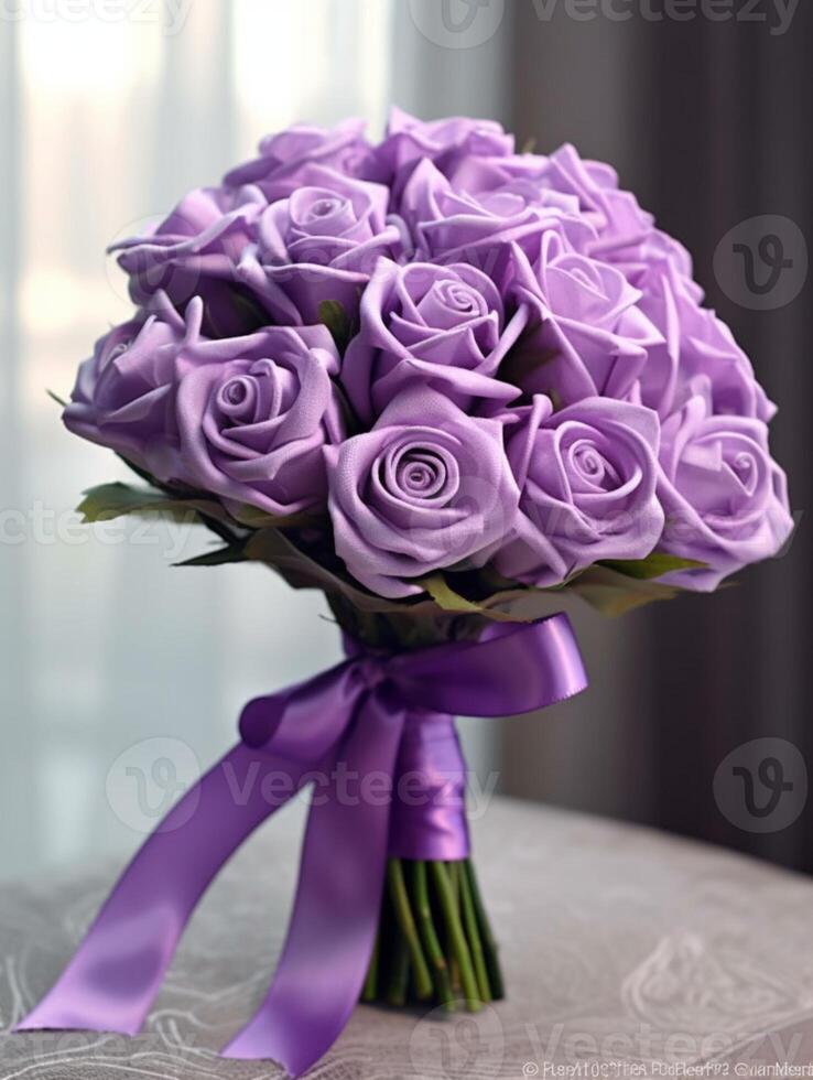 Purple rose flower bridal bouquet blurred background. AI Generated photo